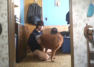 Cute guy with a bowl cut gets fucked by dog