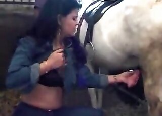 Creature gets a handjob from a horny brunette